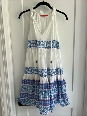 Oliphant White Mini Dress with Blue and Pink Embroidery